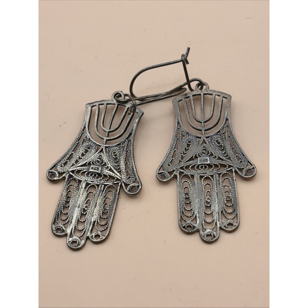 Vtg 925 Sterling Silver Filigree‎ Hamsa Menorah Dangle Earrings Israel Judaica
